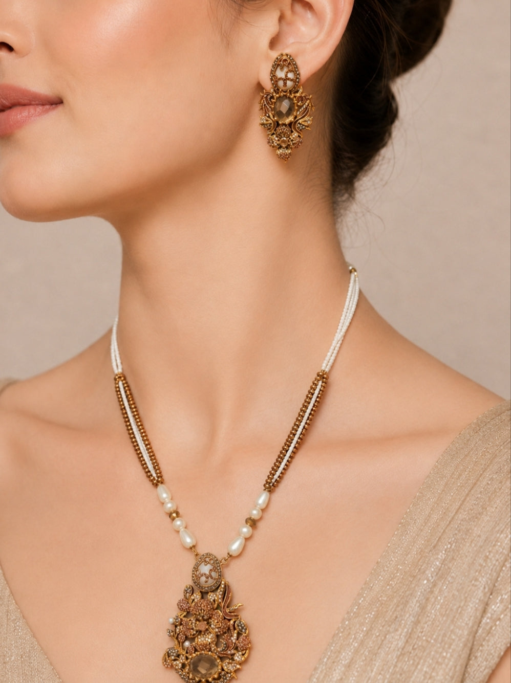 Turkish Pearl long Mala set (Champagne) CODE: BS - 02